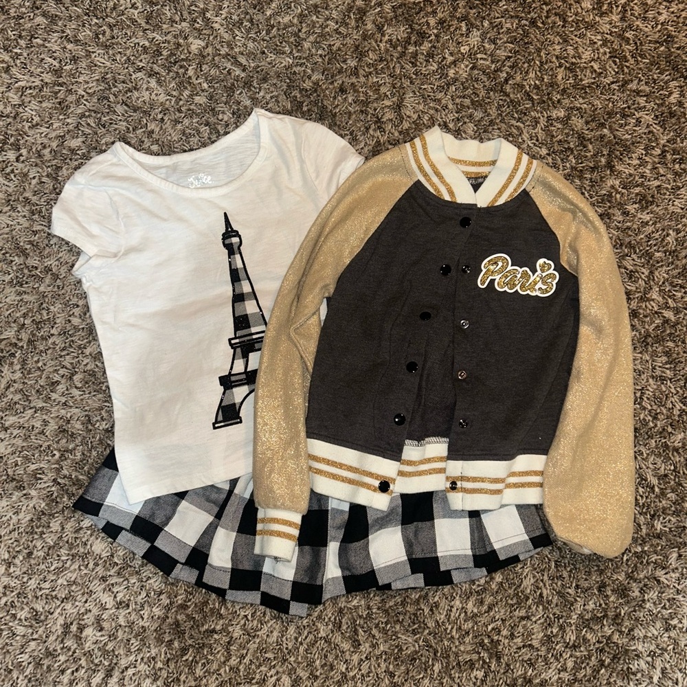 Adorable 3 piece Justice Skirt, jacket, and shirt set. Size 7. Great condition.
